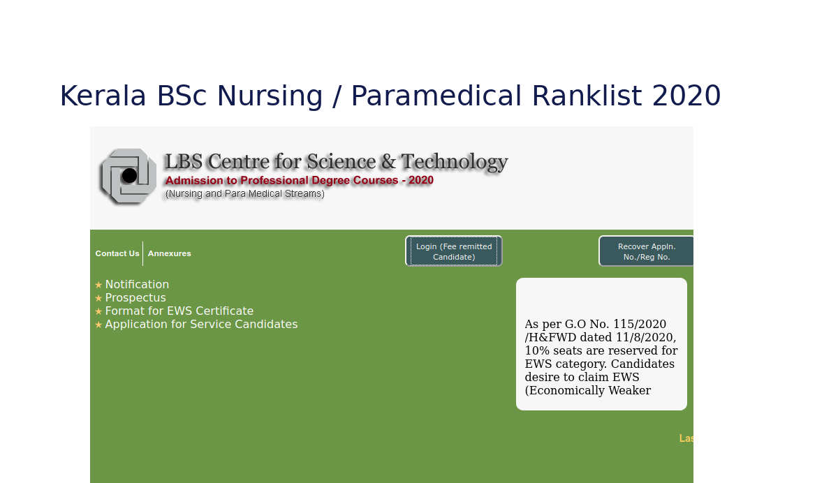 LBS BSc Nursing / Paramedical Ranklist / Option Registration - lbscentre.in